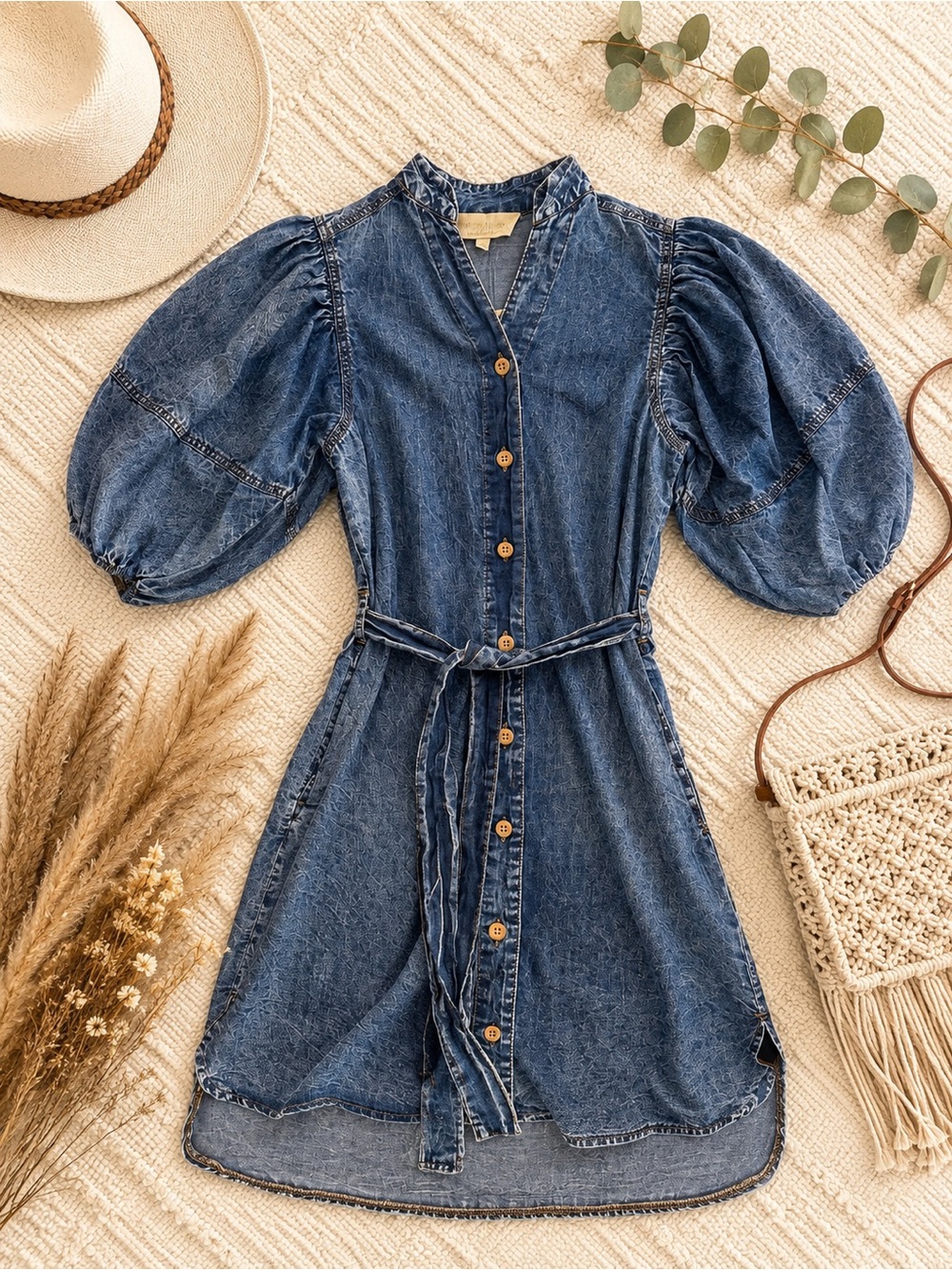 Denim Button-Front Puff Sleeve Dress - Blue